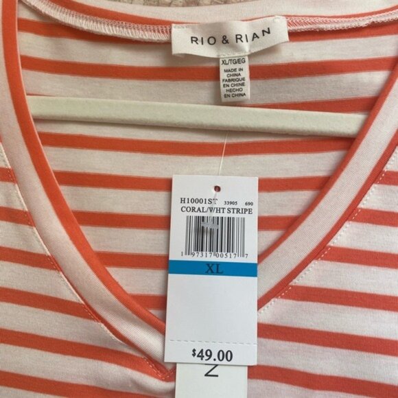 NWT Rio & Rian Coral & White Striped V-Neck Tee Shirt Size XL - Picture 3 of 6